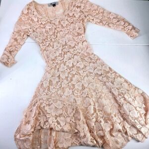 Leslie‎ Fay Womens Sz 10 Peach Floral Lace Fit & Flare Dress Stretchy 3/4 Sleeve